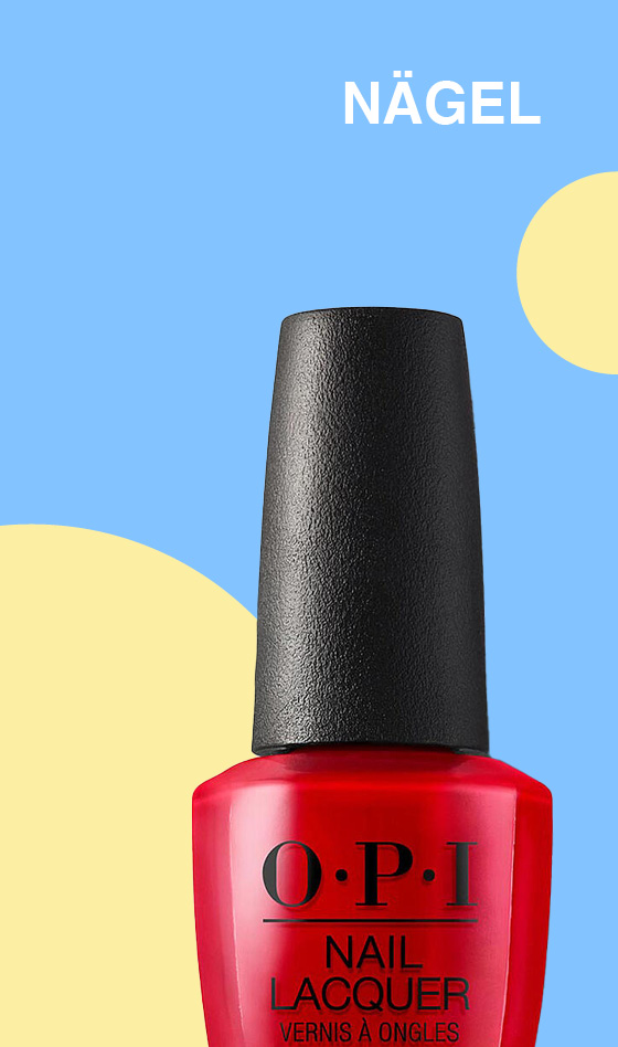 Nahaufnahme einer roten OPI-Nagellackflasche mit schwarzem Deckel. Der Hintergrund ist blau mit gelben Kreisen, und oben steht in Weiß das Wort „NÄGEL“.