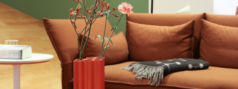 Ein gemütliches Wohnzimmer mit einem braunen Sofa, einer grauen Decke und einem Beistelltisch mit einem Buch. Eine rote Vase mit Blumen ziert den Vordergrund vor einem grün-beigen Wandhintergrund.