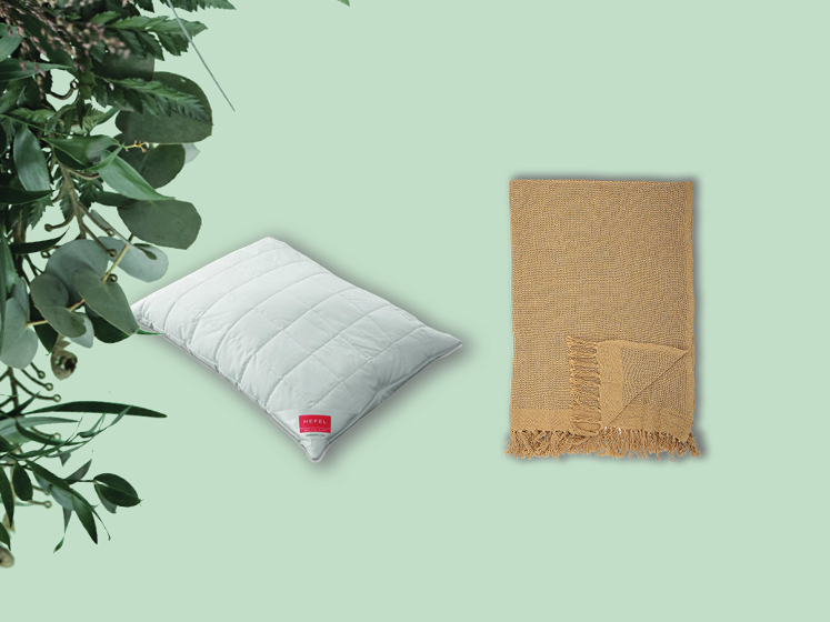 Auf einem hellgrünen Hintergrund liegen ein weiches weißes Kissen mit einem roten Etikett und eine gefaltete beige gewebte Decke. Auf der linken Seite sind teilweise grüne Blätter sichtbar.