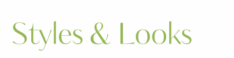 Elegantes Blumendesign mit zartrosa Blüten und grünen Blättern umrahmt den Text „Styles & Looks“ in stilvoller grüner Schrift auf weißem Hintergrund.
