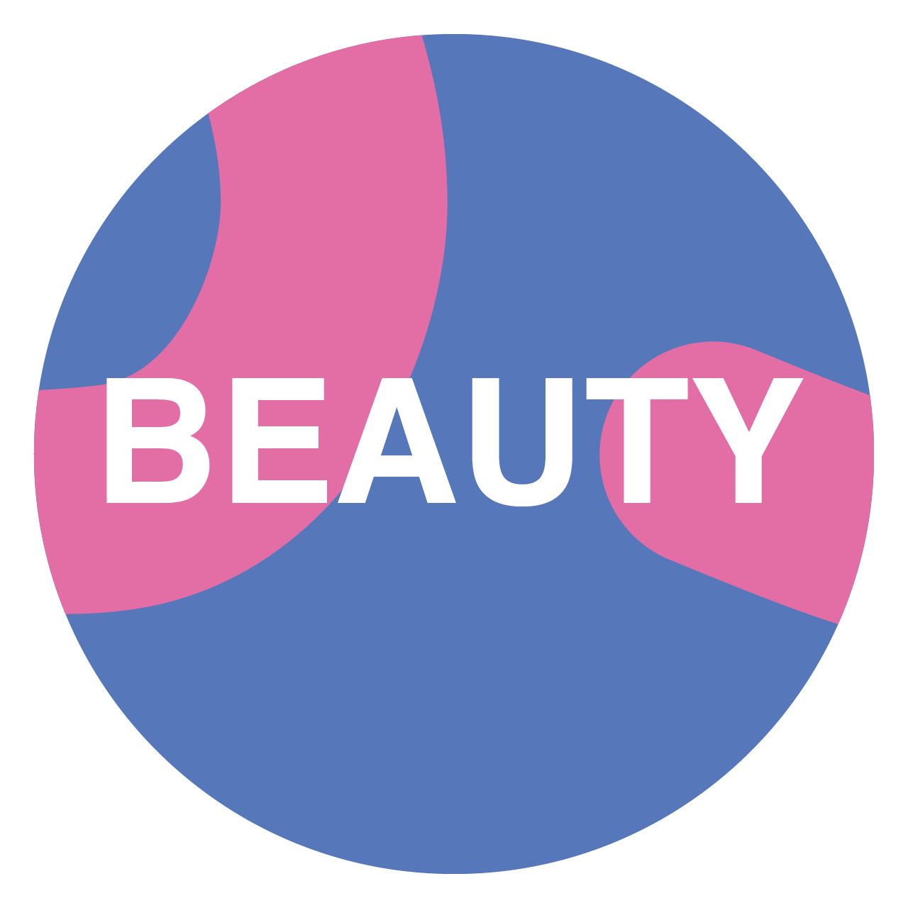 Ein kreisförmiges Logo mit blauem Hintergrund und abstrakten rosa Formen. Das Wort „BEAUTY“ steht in fetten weißen Buchstaben in der Mitte.