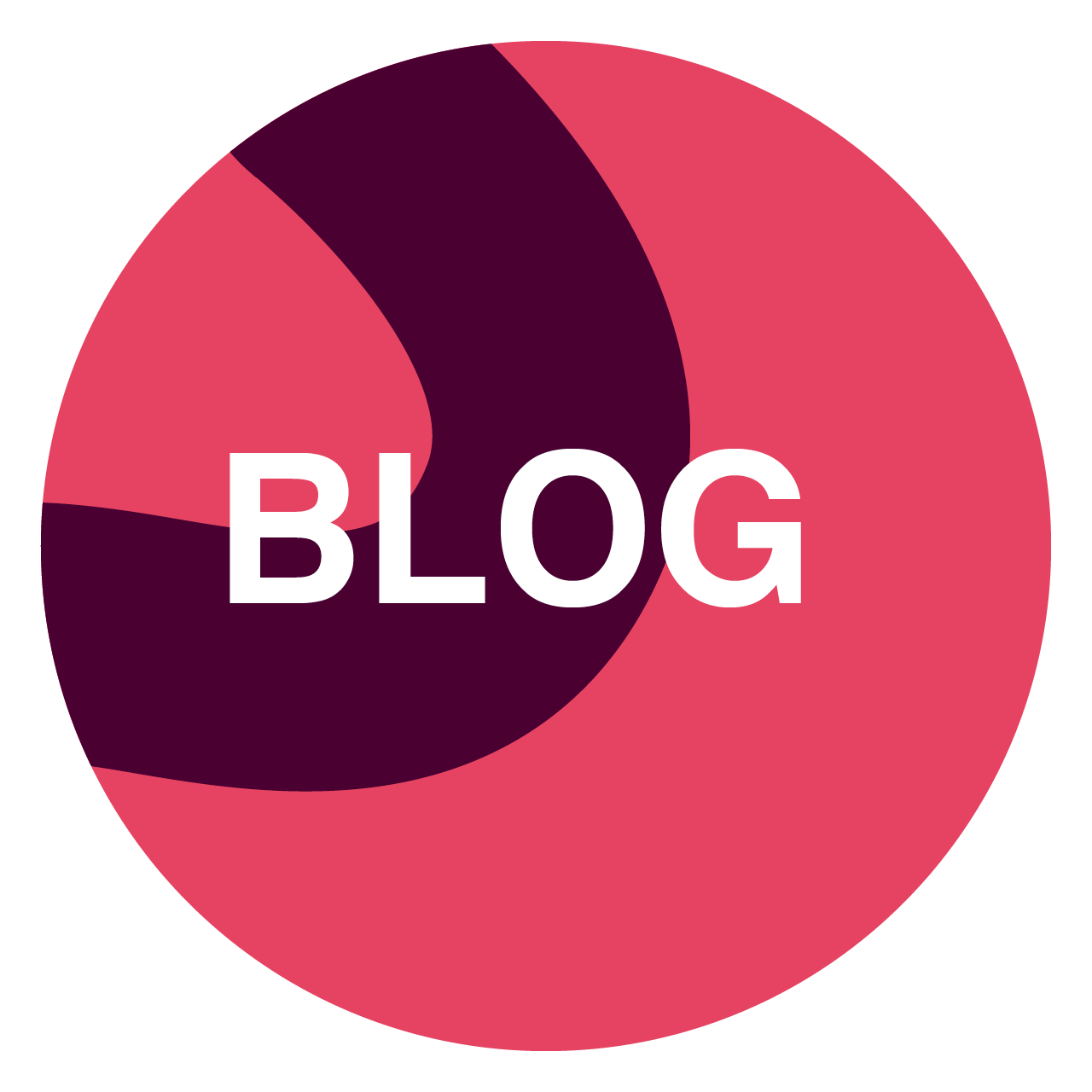 Fette, dunkelviolette, geschwungene Linie auf rotem, kreisförmigem Hintergrund mit dem Wort „BLOG“ in der Mitte in weißer Schrift.