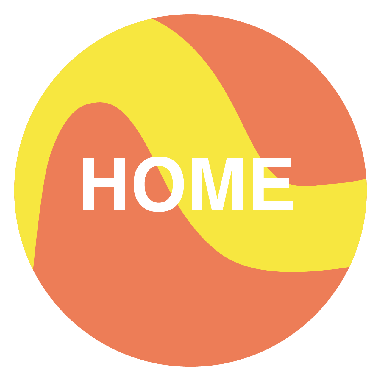 Ein kreisförmiges Design mit geschwungenen Wellen in Orange und Gelb und dem Wort „HOME“ in fetten weißen Buchstaben in der Mitte.