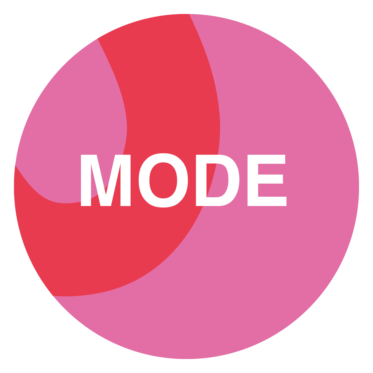 Ein rundes Logo mit rosa Hintergrund und roten abstrakten Formen. In der Mitte steht in fetten, weißen Buchstaben das Wort „MODE“.