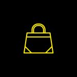 Gelber Umriss eines Einkaufstaschensymbols auf schwarzem Hintergrund. Die Tasche hat eine einfache Trapezform mit abgerundeten Griffen.