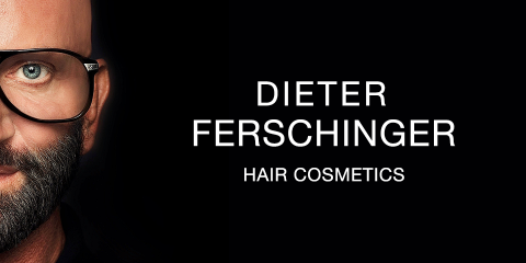 Links eine Nahaufnahme einer Person mit Brille vor schwarzem Hintergrund. In weißer Schrift steht „Dieter Ferschinger Haarkosmetik“.