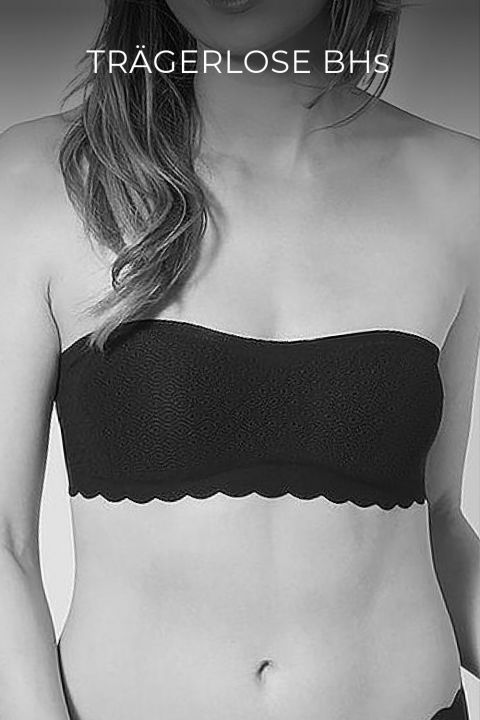 Eine Person trägt einen schwarzen, trägerlosen Bandeau-BH aus Spitze. Das Bild ist schwarzweiß und der Text oben lautet „Trägerlose BHs“, was auf Deutsch „trägerlose BHs“ bedeutet.