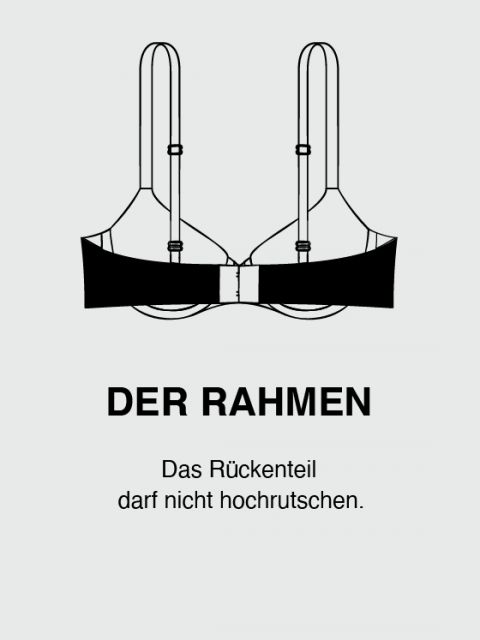 Abbildung eines BHs mit Text auf Deutsch, der übersetzt „Der Rahmen. Das Rückenteil darf nicht hochrutschen“ bedeutet. Das Bild zeigt die Rückansicht eines BHs und unterstreicht die Bedeutung eines richtig sitzenden Unterbrustbands.
