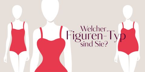 Abbildung von drei Schaufensterpuppen in roten Badeanzügen. Der Text „Welcher Figuren-Typ sind Sie?“ wird angezeigt. Der Hintergrund ist hellbeige.