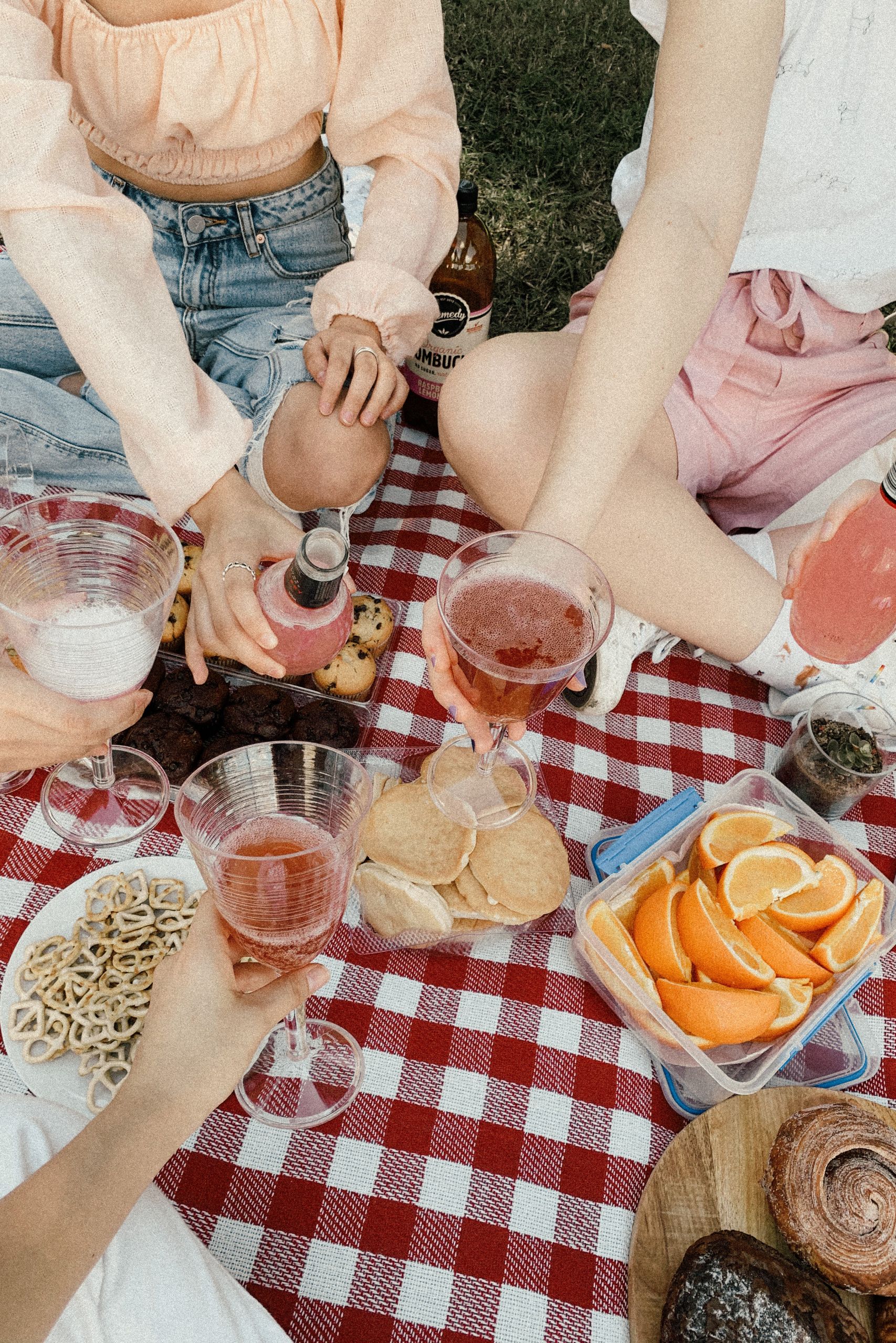 Vier Personen sitzen auf einer rot-weiß karierten Picknickdecke. Sie halten Getränke in verschiedenen Gläsern. Auf der Decke liegen Snacks wie Kekse, Orangenscheiben, Brezeln und Brownies. Die Atmosphäre ist entspannt und locker.