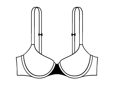 Strichzeichnung eines BHs mit verstellbaren Trägern und ausgeprägten Körbchen. Das Design ist schlicht und minimalistisch und betont die Form und Struktur des Kleidungsstücks.