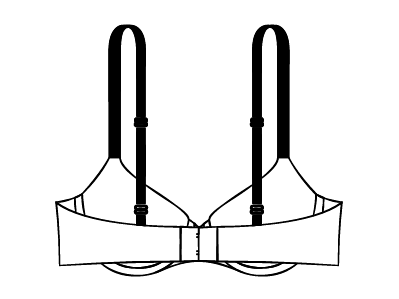 Abbildung eines BHs von hinten. Er zeigt verstellbare schwarze Träger, Haken- und Ösenverschluss und schlichtes Design.
