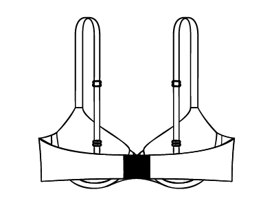Abbildung eines BHs von hinten, mit verstellbaren Trägern und Haken- und Ösenverschluss. Das Design umfasst zwei dreieckige Körbchen und ein Band, das sich um den Körper wickelt.