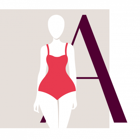 Illustration einer gesichtslosen Schaufensterpuppe in einem roten Badeanzug, die vor einem großen violetten Buchstaben „A“ auf beigem Hintergrund steht.