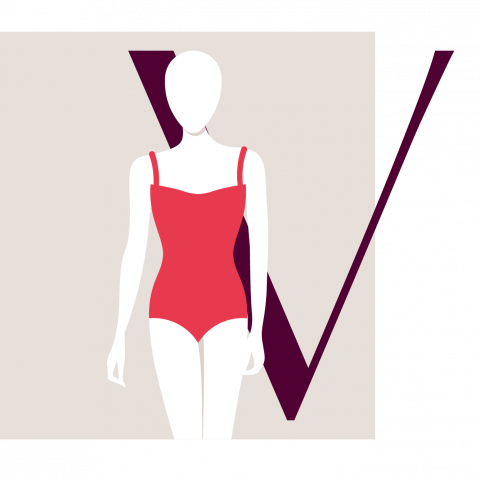 Illustration einer Schaufensterpuppe in einem roten Badeanzug vor einem großen violetten Buchstaben „V“ auf grauem Hintergrund.