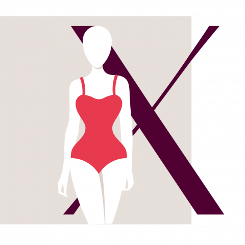 Illustration einer gesichtslosen Schaufensterpuppe, die einen roten Badeanzug trägt. Die Figur steht vor einem großen, stilisierten Buchstaben „X“ auf einem beigen rechteckigen Hintergrund. Das Design ist minimalistisch und modeorientiert.
