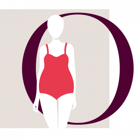 Illustration einer gesichtslosen Figur in einem roten Badeanzug vor einem großen, dunkelvioletten Buchstaben „O“ auf beigem Hintergrund.