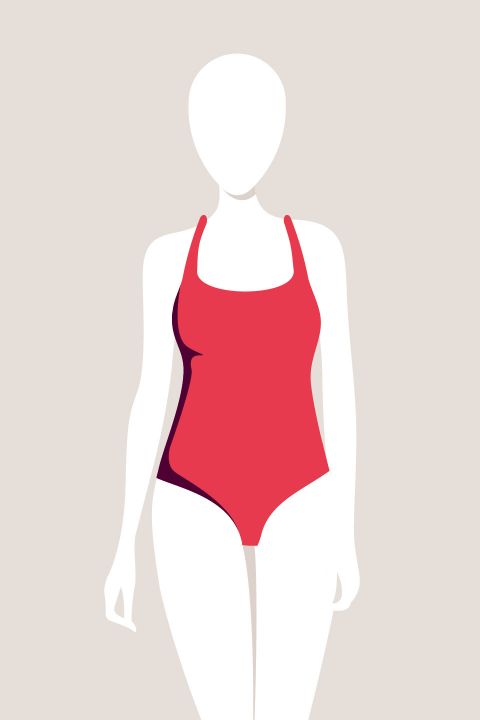 Minimalistische Illustration einer gesichtslosen Figur, die einen roten Badeanzug vor einem neutralen Hintergrund trägt.