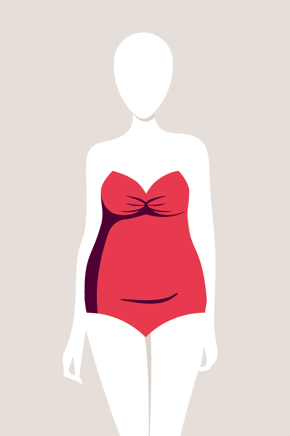 Illustration einer gesichtslosen Figur, die einen roten Badeanzug mit herzförmigem Ausschnitt trägt. Der Hintergrund ist hellbeige.