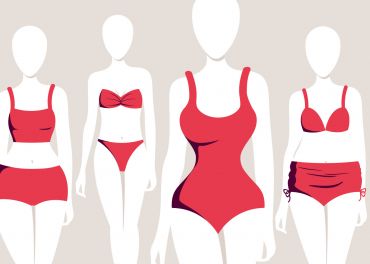 Abbildung von vier gesichtslosen Schaufensterpuppen, die verschiedene Arten von roten Badeanzügen tragen. Zu den Stilen gehören ein Zweiteiler mit bauchfreiem Oberteil, ein Bikini, ein einteiliger Badeanzug und ein Zweiteiler mit hoch tailliertem Unterteil. Neutraler Hintergrund.