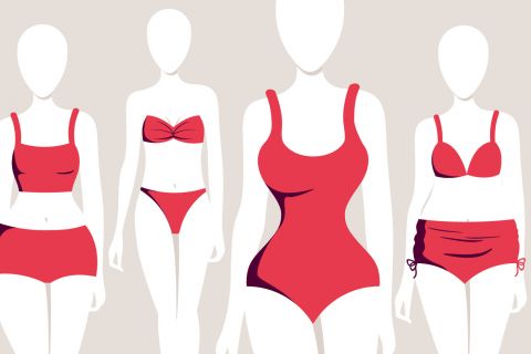 Abbildung von vier gesichtslosen Schaufensterpuppen, die verschiedene Arten von roten Badeanzügen tragen. Zu den Stilen gehören ein Zweiteiler mit bauchfreiem Oberteil, ein Bikini, ein einteiliger Badeanzug und ein Zweiteiler mit hoch tailliertem Unterteil. Neutraler Hintergrund.