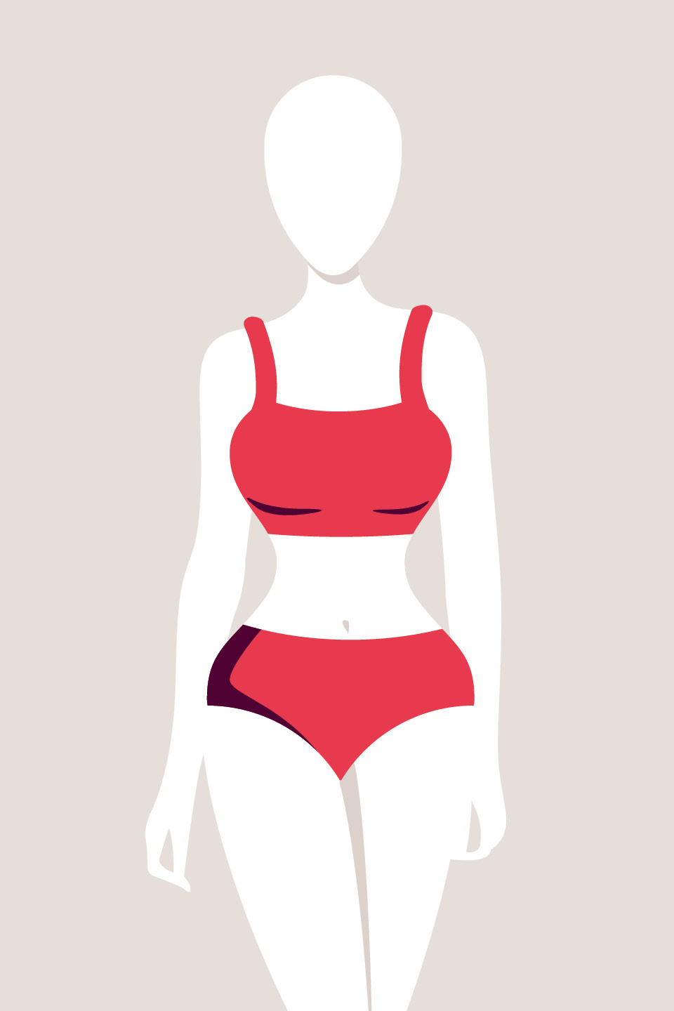 Illustration einer gesichtslosen Figur, die einen roten zweiteiligen Badeanzug vor einem schlichten Hintergrund trägt. Das Design ist minimalistisch und stilisiert.