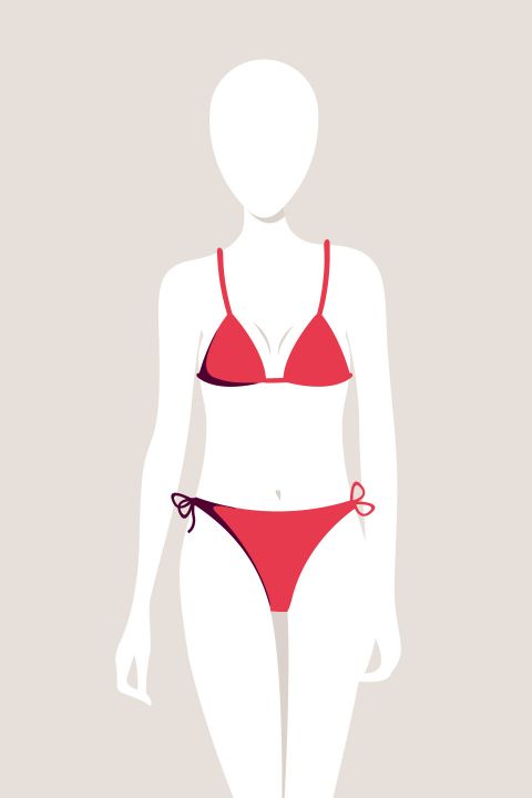 Illustration einer gesichtslosen Figur in einem roten Bikini mit dünnen Trägern. Die Figur steht vor einem schlichten beigen Hintergrund und betont den minimalistischen Kunststil.