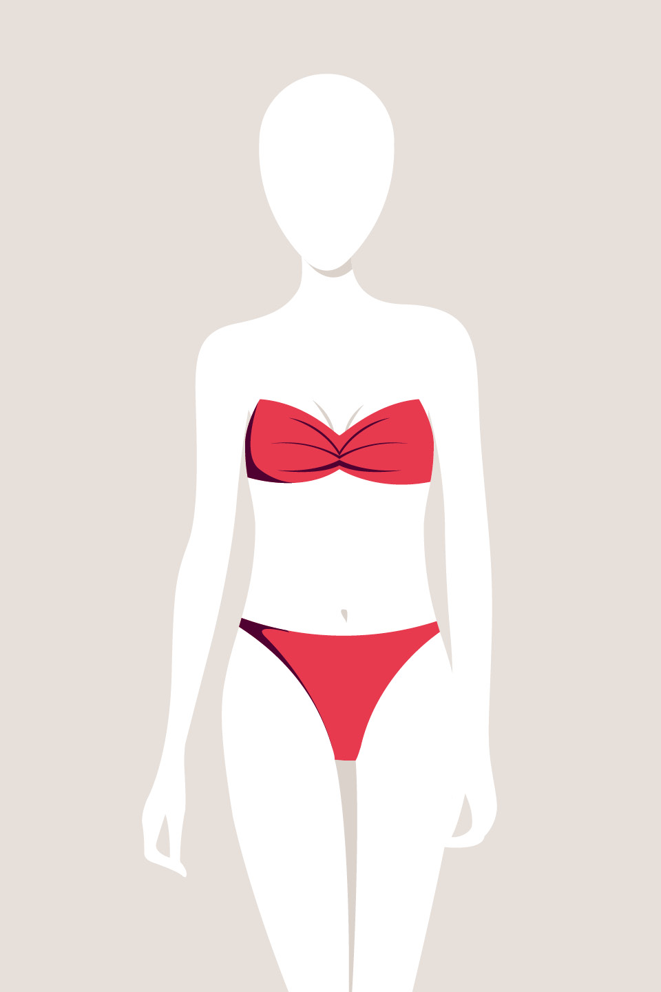 Illustration einer gesichtslosen Figur, die einen roten Bikini vor einem beigen Hintergrund trägt.