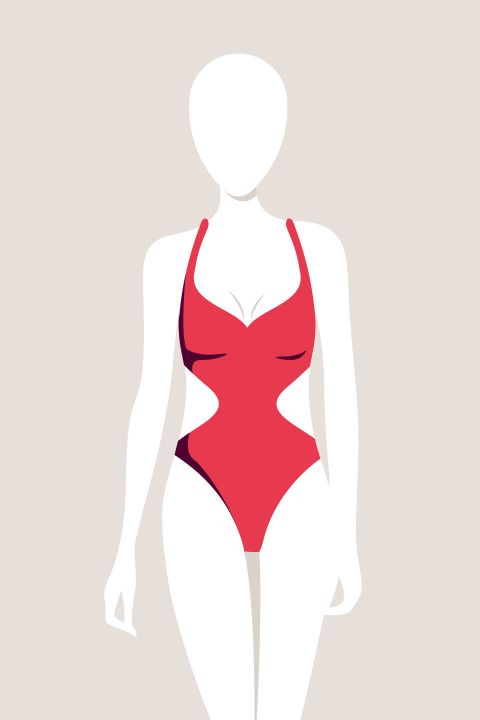 Illustration einer gesichtslosen Figur, die vor einem neutralen Hintergrund einen roten Badeanzug mit seitlichen Ausschnitten trägt.