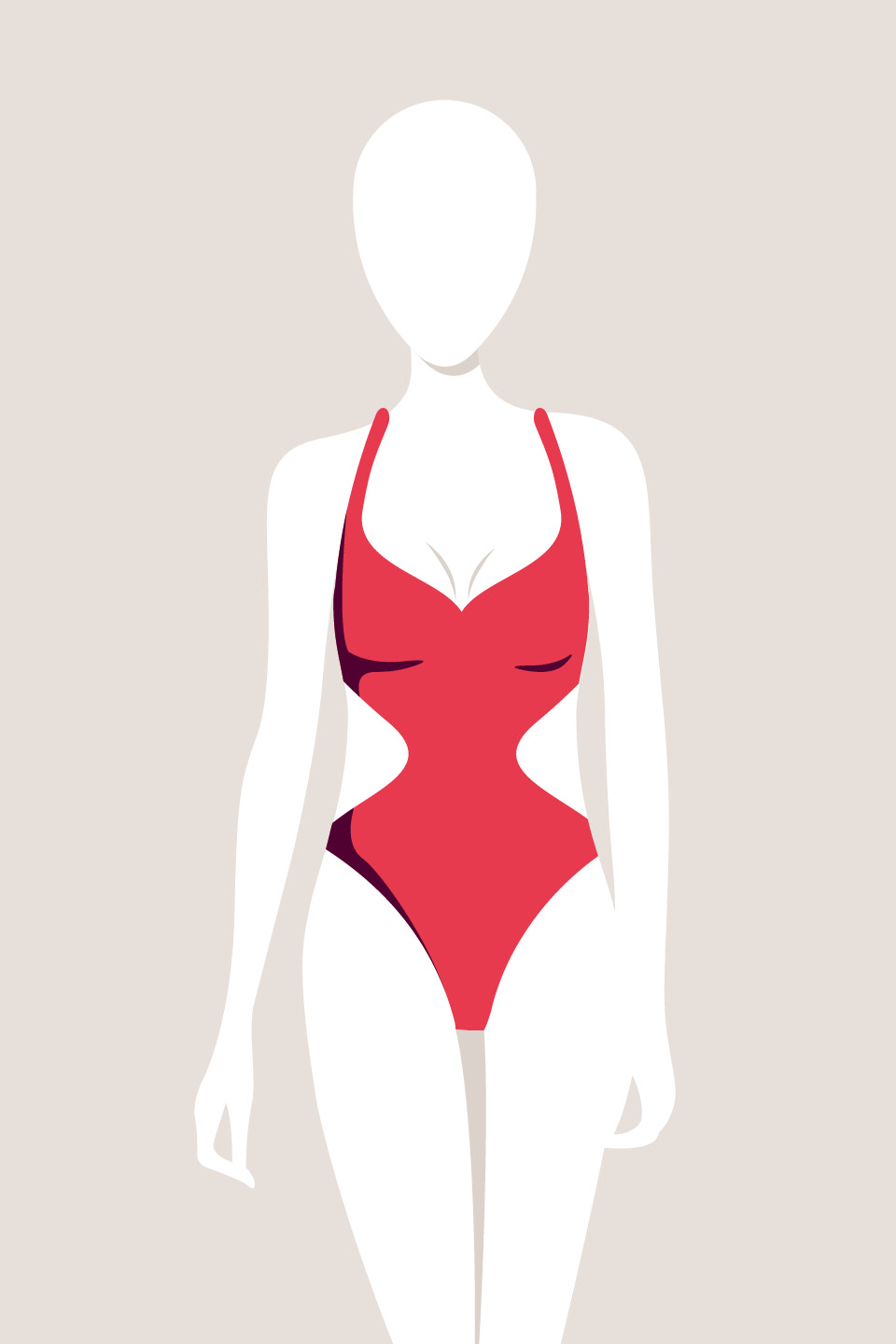 Illustration einer gesichtslosen Figur, die vor einem neutralen Hintergrund einen roten Badeanzug mit seitlichen Ausschnitten trägt.