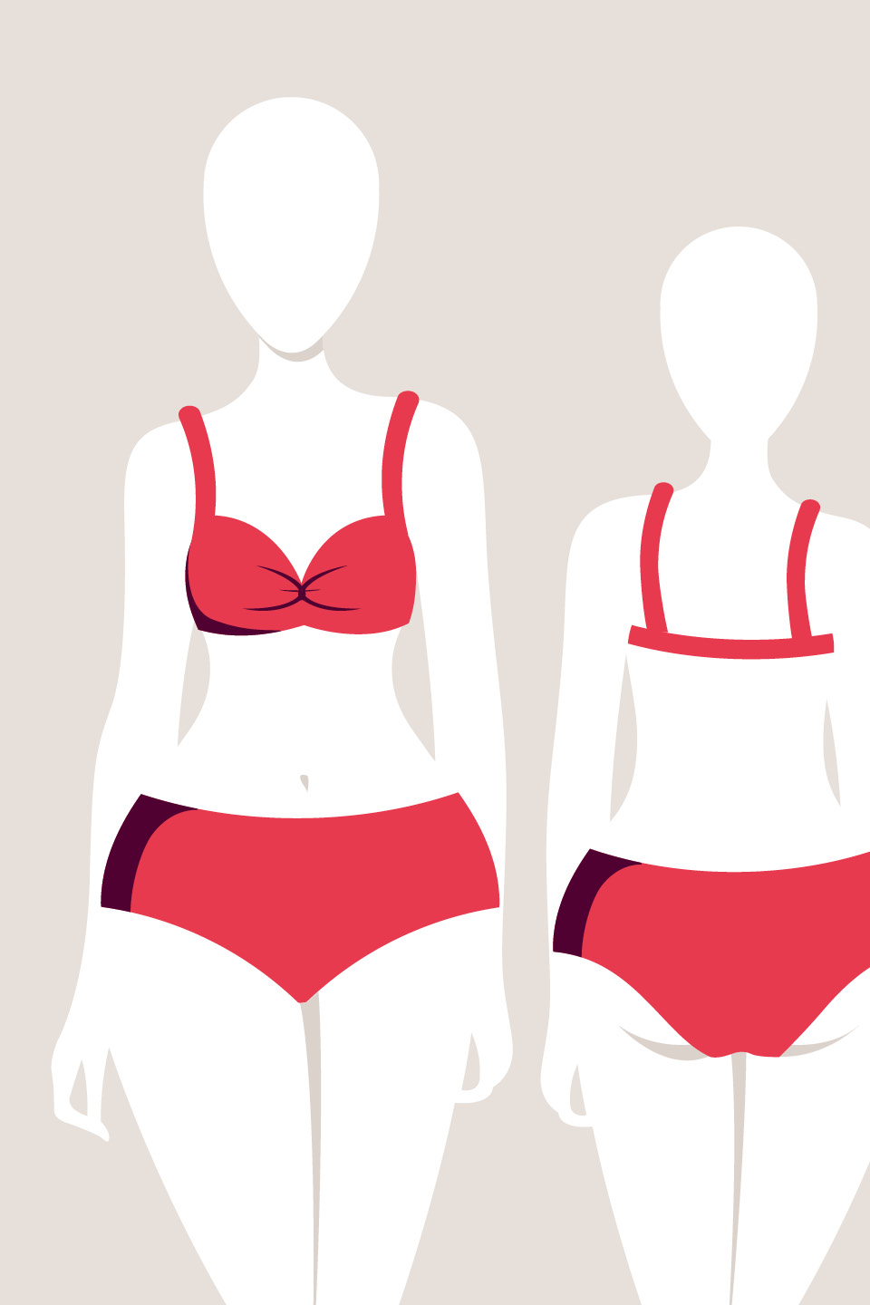 Abbildung von zwei Schaufensterpuppen in roten zweiteiligen Badeanzügen. Die linke Figur trägt ein Design mit gedrehtem Oberteil, während die rechte Figur ein schlichteres Design mit geradem Oberteil hat. Beide tragen passende Badehosen vor einem beigen Hintergrund.