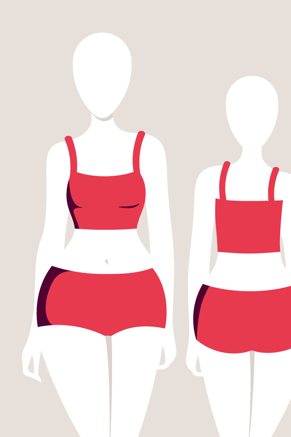 Illustration von zwei gesichtslosen Figuren in roter Badebekleidung. Die linke Figur hat eine kurvigere Form, während die rechte Figur schlanker ist. Beide stehen vor einem schlichten Hintergrund.