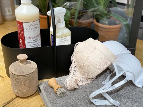 Ein Spitzen-BH liegt auf einem grauen Handtuch neben einer Reinigungsbürste und einem Glas. Ein schwarzer Behälter enthält Flaschen mit Waschmittel und Sprühreiniger. Im Hintergrund sind Topfpflanzen auf einer Holzoberfläche zu sehen.