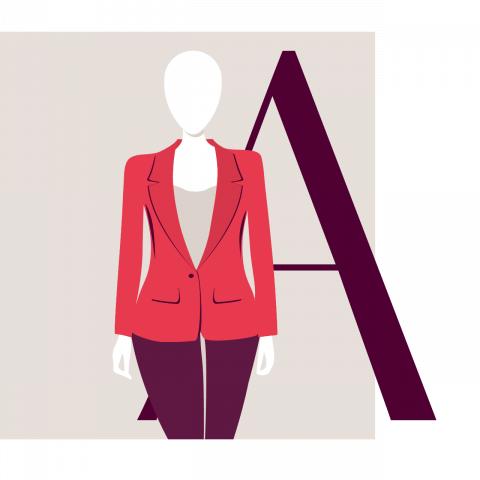 Illustration einer gesichtslosen Figur mit rotem Blazer und dunkler Hose, die vor einem großen Buchstaben „A“ auf beigem Hintergrund steht.