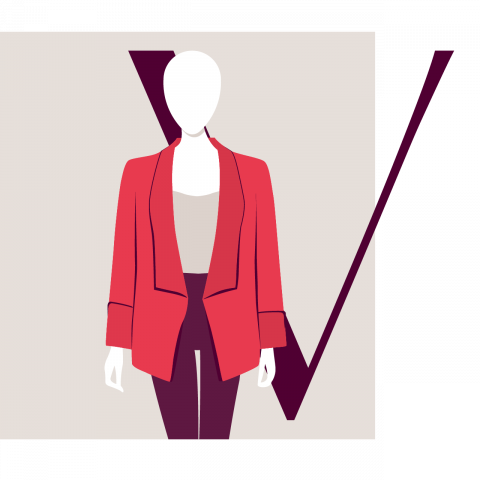 Eine stilisierte Illustration einer Schaufensterpuppe, die einen roten Blazer über einem beigen Oberteil und dunklen Hosen trägt. Im Hintergrund ist ein großer Buchstabe „V“ in Dunkelviolett auf einem beigen quadratischen Hintergrund zu sehen.