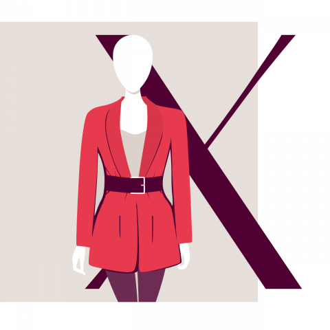 Abbildung einer gesichtslosen Schaufensterpuppe, die einen roten Blazer mit schwarzem Gürtel trägt, vor einem beigen Hintergrund mit einem großen dunkelroten „X“ dahinter. Das Design betont das mutige und stilvolle Modestatement des Blazers.
