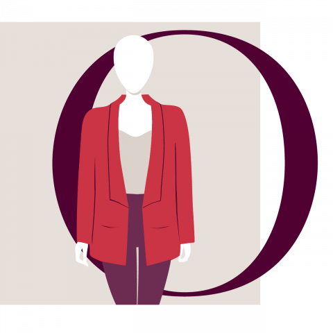 Eine minimalistische Illustration einer gesichtslosen Person, die einen roten Blazer und lila Hosen trägt. Der Hintergrund zeigt einen großen kastanienbraunen Buchstaben „O“, der ein beiges Quadrat teilweise bedeckt.