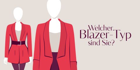 Abbildung von zwei Schaufensterpuppen in roten Blazern. Ein Blazer hat einen Gürtel. Der deutsche Text auf der rechten Seite lautet „Welcher Blazer-Typ sind Sie?“ auf hellbeigem Hintergrund.