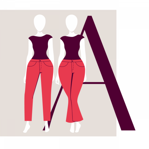 Abbildung zweier stilisierter Figuren in dunklen Oberteilen und roten Hosen mit hoher Taille, die vor einem großen Buchstaben „A“ stehen. Eine Figur trägt gerade geschnittene Hosen und die andere Schlaghosen.