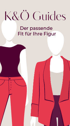 Abbildung zweier gesichtsloser Schaufensterpuppen; eine trägt ein eng anliegendes lila Oberteil und eine Hose, die andere einen roten Blazer und Rock. Der Text lautet: „K&Ö Guides: Der passende Fit für Ihre Figur.“.