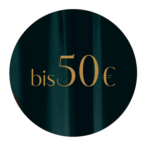 Ein kreisrundes Bild mit dunklem Hintergrund und dem Text „bis 50€“ in der Mitte, in Goldfarbe geschrieben.