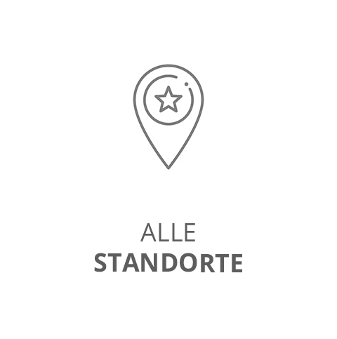 Über dem deutschen Text „ALLE STANDORTE“ wird ein schlichtes Symbol einer Standort-Stecknadel mit einem Stern darin angezeigt. Das Design wirkt minimalistisch und monochromatisch.