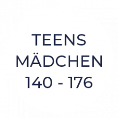 Der Text auf weißem Hintergrund lautet „TEENS MÄDCHEN 140 – 176“ in dunkelblauer Schrift.