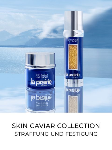 Luxuriöse La Prairie Skin Caviar-Kollektion mit zwei Produkten, die vor einem ruhigen blauen Wasser- und Himmelshintergrund präsentiert werden. Der Text lautet „Skin Caviar Collection Straffung und Festigung.