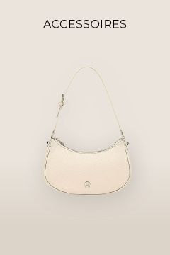 Eine beige Handtasche mit geschwungener Oberseite und dünnem Riemen, präsentiert auf hellem Untergrund. Darüber steht in fetten Buchstaben „ACCESSOIRES“.