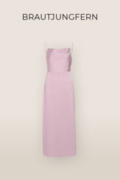 Ärmelloses Brautjungfernkleid aus rosa Satin mit Spaghettiträgern, darunter der Text „BRAUTJUNGERN“ auf hellbeigem Hintergrund.