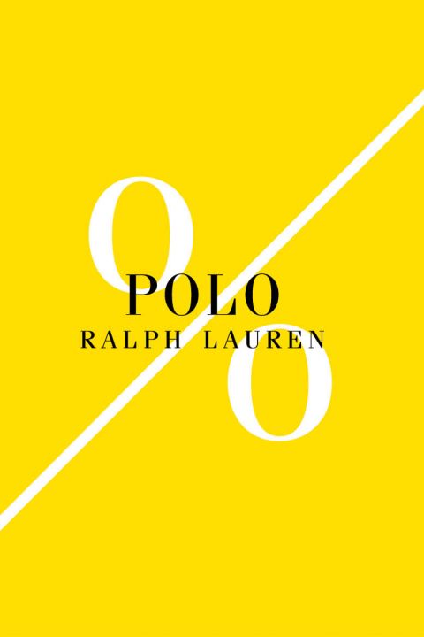 Ein leuchtend gelber Hintergrund mit einem großen weißen Prozentzeichen. In der Mitte steht in schwarzer Schrift der Markenname „Polo Ralph Lauren“.