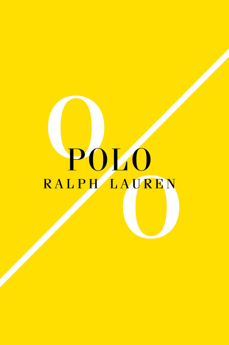Ein leuchtend gelber Hintergrund mit einem großen weißen Prozentzeichen. In der Mitte steht in schwarzer Schrift der Markenname „Polo Ralph Lauren“.