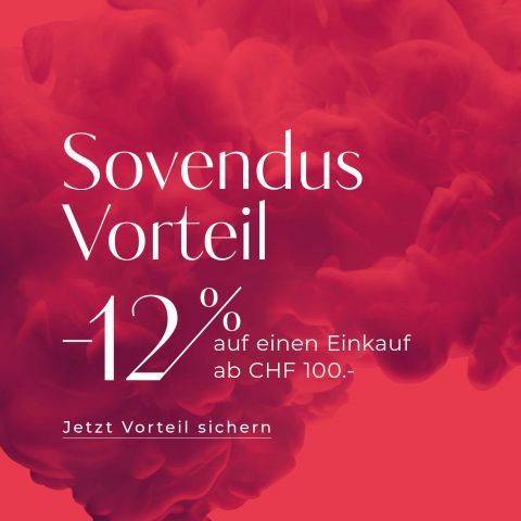 Roter Hintergrund mit wirbelndem Rauchdesign. Der weiße Text lautet „Sovendus Vorteil -12 % auf einen Einkauf ab CHF 100.-“ und „Jetzt Vorteil sichern.“.