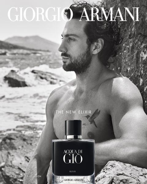 Die Schwarz-Weiß-Werbung für Giorgio Armanis Acqua di Giò Elixir zeigt einen Mann mit nacktem Oberkörper und lockigem Haar, der an felsigen Klippen am Meer sitzt und in die Ferne blickt. Im Vordergrund ist der Duftflakon zu sehen.